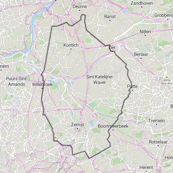 Miniatuurkaart van de fietsinspiratie "Verkenningstocht van 90 km" in Prov. Antwerpen, Belgium. Gemaakt door de Tarmacs.app fietsrouteplanner