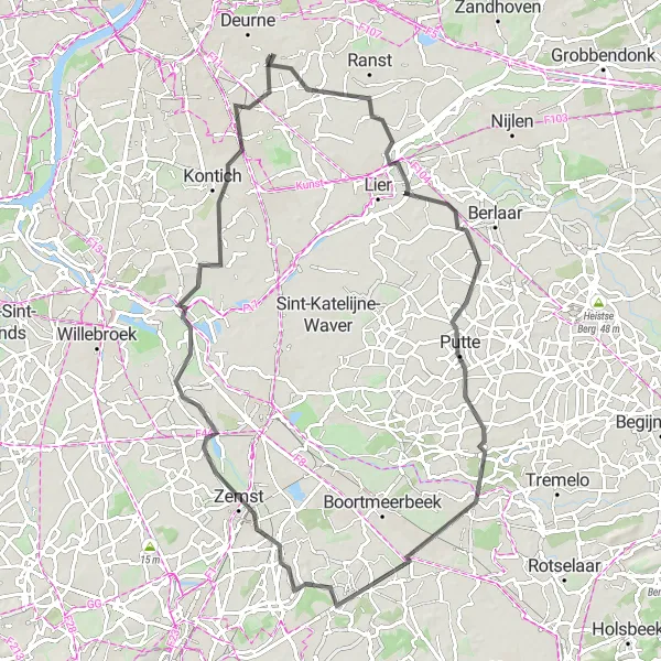 Miniature de la carte de l'inspiration cycliste "Scenic Road Trip" dans la Prov. Antwerpen, Belgium. Générée par le planificateur d'itinéraire cycliste Tarmacs.app
