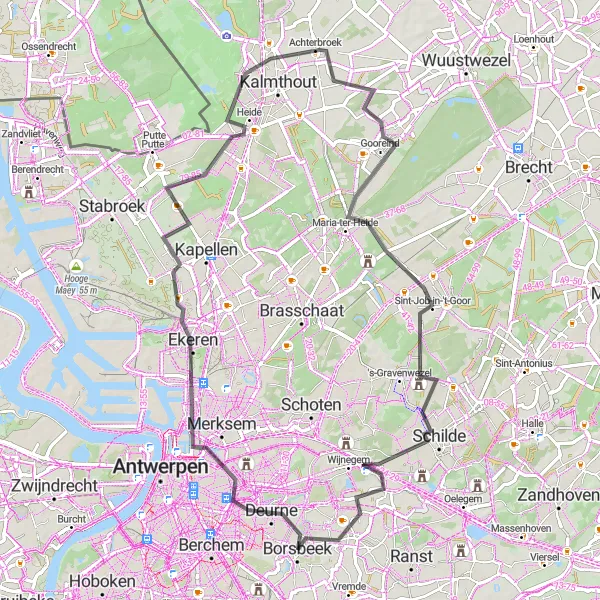 Karten-Miniaturansicht der Radinspiration "Radtour durch Borsbeek und Kalmthoutse Heide" in Prov. Antwerpen, Belgium. Erstellt vom Tarmacs.app-Routenplaner für Radtouren