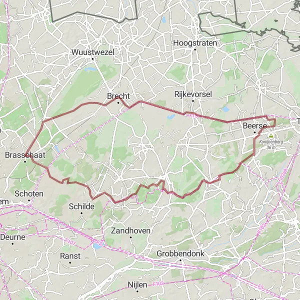 Map miniature of "Explore the outskirts of Brasschaat" cycling inspiration in Prov. Antwerpen, Belgium. Generated by Tarmacs.app cycling route planner