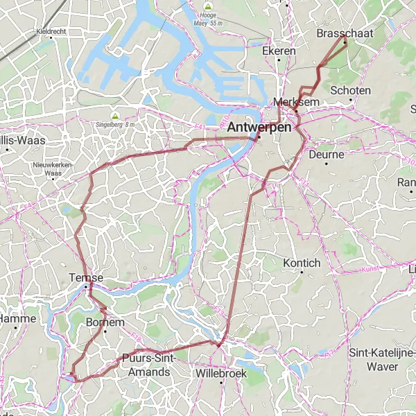 Miniatuurkaart van de fietsinspiratie "Gravelroute naar Velle en De Koninck brouwerij" in Prov. Antwerpen, Belgium. Gemaakt door de Tarmacs.app fietsrouteplanner