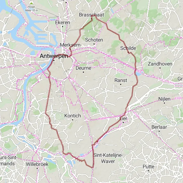 Miniatuurkaart van de fietsinspiratie "Gravelroute naar Vogelkijkhut Eeckhoven en Broechem" in Prov. Antwerpen, Belgium. Gemaakt door de Tarmacs.app fietsrouteplanner