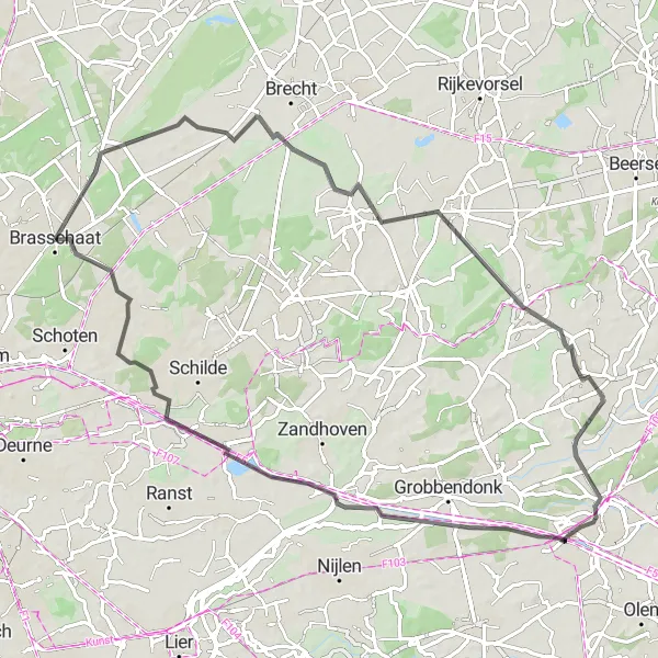 Karten-Miniaturansicht der Radinspiration "Rundfahrt durch die schöne Landschaft von Antwerpen" in Prov. Antwerpen, Belgium. Erstellt vom Tarmacs.app-Routenplaner für Radtouren