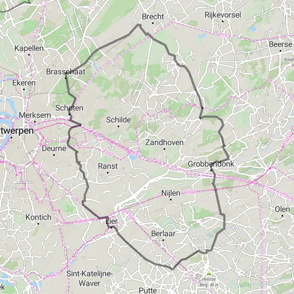 Karten-Miniaturansicht der Radinspiration "Roadroute von und nach Brasschaat" in Prov. Antwerpen, Belgium. Erstellt vom Tarmacs.app-Routenplaner für Radtouren