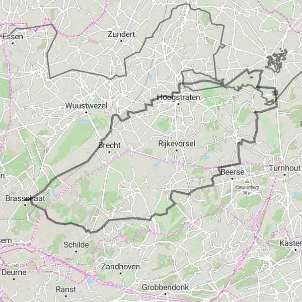 Miniatuurkaart van de fietsinspiratie "Avontuurlijke fietstocht van Brasschaat naar Weelde Statie" in Prov. Antwerpen, Belgium. Gemaakt door de Tarmacs.app fietsrouteplanner