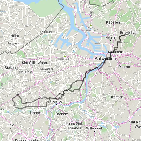 Miniature de la carte de l'inspiration cycliste "Tour des Forteresses Flamandes" dans la Prov. Antwerpen, Belgium. Générée par le planificateur d'itinéraire cycliste Tarmacs.app