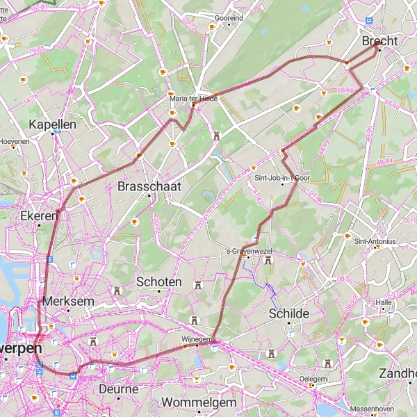 Map miniature of "Gravel Loop through Antwerp Suburbs" cycling inspiration in Prov. Antwerpen, Belgium. Generated by Tarmacs.app cycling route planner