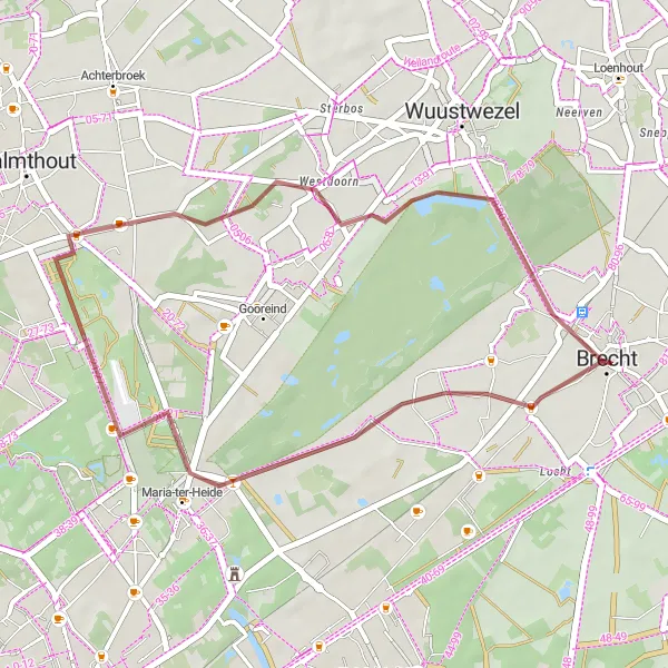 Miniatuurkaart van de fietsinspiratie "Rondje Maria-ter-Heide - Westdoorn - Brecht" in Prov. Antwerpen, Belgium. Gemaakt door de Tarmacs.app fietsrouteplanner