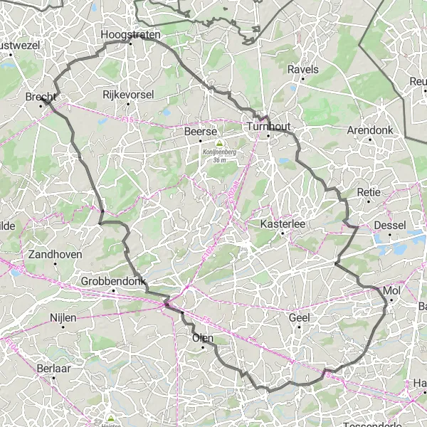 Miniatuurkaart van de fietsinspiratie "Uitdagende wegfietsroute door Turnhout en Malle" in Prov. Antwerpen, Belgium. Gemaakt door de Tarmacs.app fietsrouteplanner