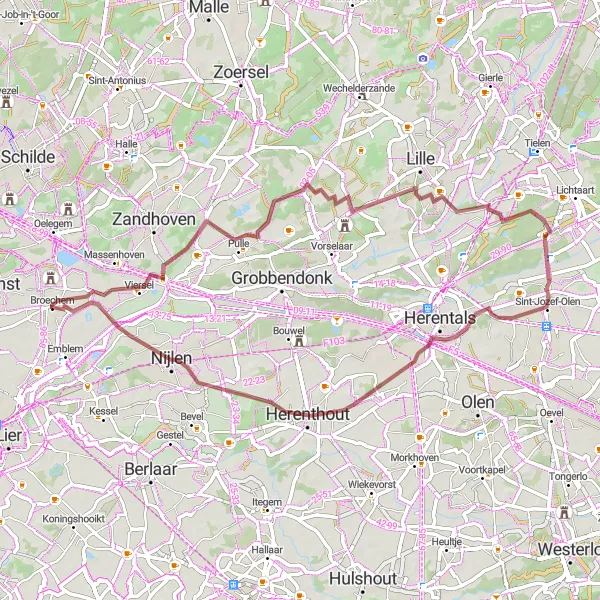 Miniature de la carte de l'inspiration cycliste "Route Gravel à travers la campagne flamande" dans la Prov. Antwerpen, Belgium. Générée par le planificateur d'itinéraire cycliste Tarmacs.app