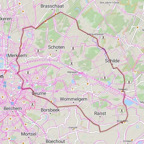 Miniatuurkaart van de fietsinspiratie "Gravelroute naar 's-Gravenwezel en Oelegem" in Prov. Antwerpen, Belgium. Gemaakt door de Tarmacs.app fietsrouteplanner