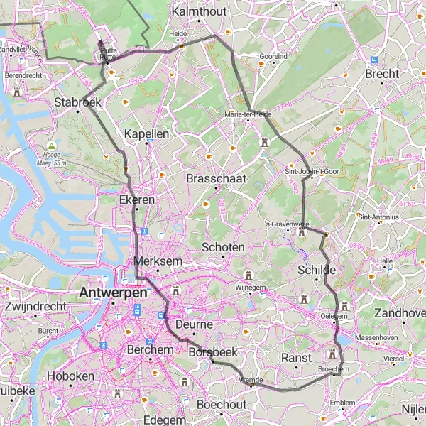 Map miniature of "Broechem to Oelegem Road Route" cycling inspiration in Prov. Antwerpen, Belgium. Generated by Tarmacs.app cycling route planner