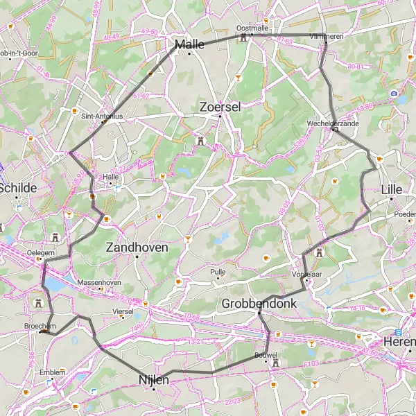 Miniatuurkaart van de fietsinspiratie "Fietsroute Malle en Wechelderzande" in Prov. Antwerpen, Belgium. Gemaakt door de Tarmacs.app fietsrouteplanner