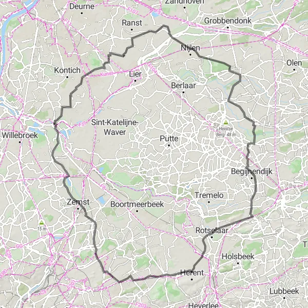 Map miniature of "Scenic Road Bike Route through Antwerp Province" cycling inspiration in Prov. Antwerpen, Belgium. Generated by Tarmacs.app cycling route planner