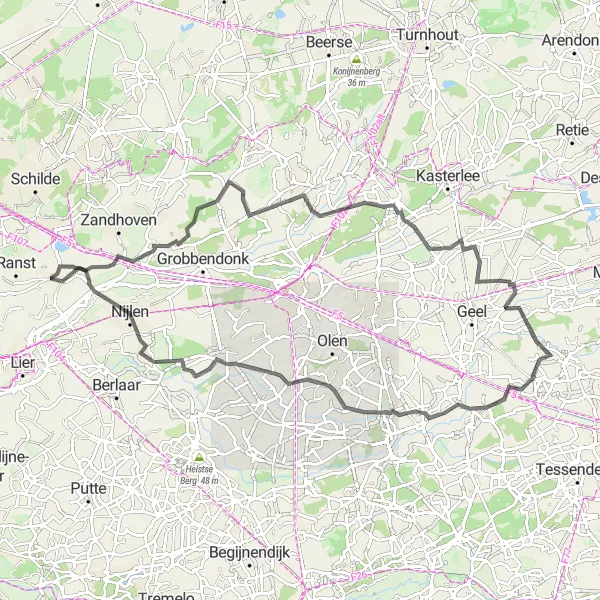 Karten-Miniaturansicht der Radinspiration "Ländliche Erkundung von Nijlen" in Prov. Antwerpen, Belgium. Erstellt vom Tarmacs.app-Routenplaner für Radtouren