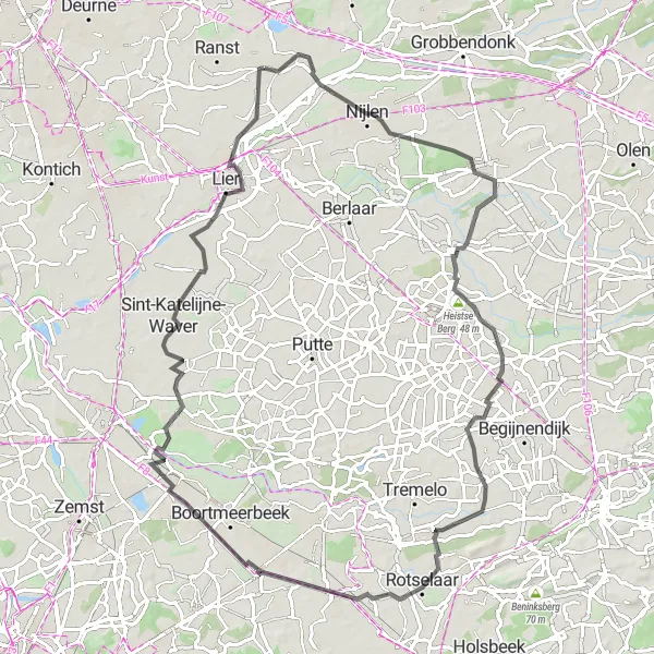 Miniatuurkaart van de fietsinspiratie "Heistse Berg en Zimmertoren route" in Prov. Antwerpen, Belgium. Gemaakt door de Tarmacs.app fietsrouteplanner