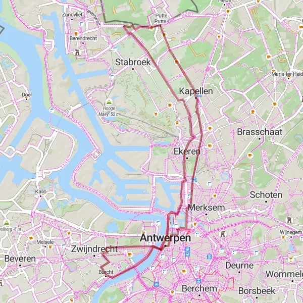 Miniatuurkaart van de fietsinspiratie "Gravelroute naar Antwerpse Skyline" in Prov. Antwerpen, Belgium. Gemaakt door de Tarmacs.app fietsrouteplanner