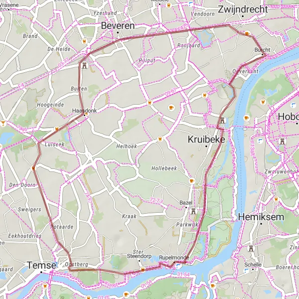Miniature de la carte de l'inspiration cycliste "Tour des Villages de la Région de Burcht" dans la Prov. Antwerpen, Belgium. Générée par le planificateur d'itinéraire cycliste Tarmacs.app