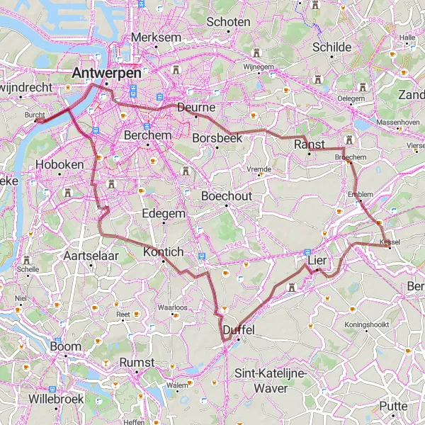 Map miniature of "Scenic Gravel Route near Burcht" cycling inspiration in Prov. Antwerpen, Belgium. Generated by Tarmacs.app cycling route planner