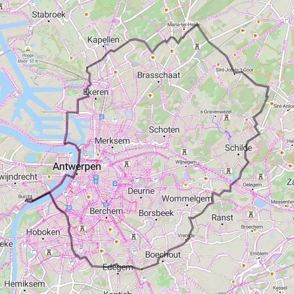 Miniature de la carte de l'inspiration cycliste "Boucle des Châteaux et de la Nature" dans la Prov. Antwerpen, Belgium. Générée par le planificateur d'itinéraire cycliste Tarmacs.app