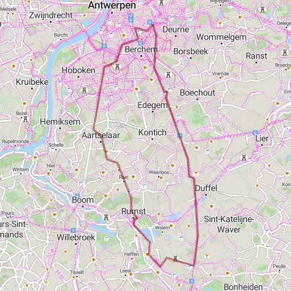 Miniatuurkaart van de fietsinspiratie "Verken de omgeving van Hove en Aartselaar" in Prov. Antwerpen, Belgium. Gemaakt door de Tarmacs.app fietsrouteplanner