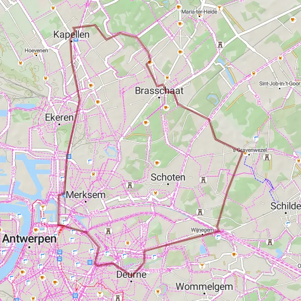 Karten-Miniaturansicht der Radinspiration "Borgerhout nach Wijnegem Gravelroute" in Prov. Antwerpen, Belgium. Erstellt vom Tarmacs.app-Routenplaner für Radtouren