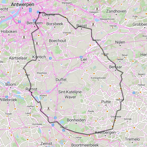 Karten-Miniaturansicht der Radinspiration "Antwerpische Weinstraße" in Prov. Antwerpen, Belgium. Erstellt vom Tarmacs.app-Routenplaner für Radtouren