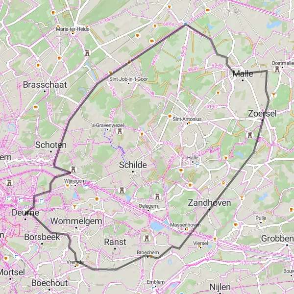 Map miniature of "Wijnegem - Vogelkijkhut - Zandhoven - Deurne" cycling inspiration in Prov. Antwerpen, Belgium. Generated by Tarmacs.app cycling route planner