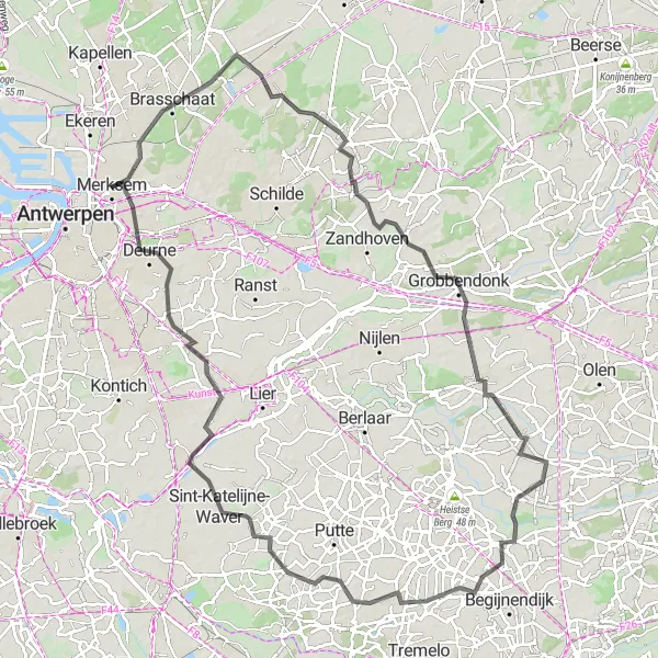 Map miniature of "Brasschaat - Sint-Job-in-'t-Goor - Grobbendonk - Hulshout - Onze-Lieve-Vrouw-Waver - Boechout - Sterckshof" cycling inspiration in Prov. Antwerpen, Belgium. Generated by Tarmacs.app cycling route planner