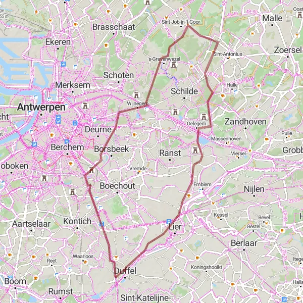 Miniatuurkaart van de fietsinspiratie "Gravelroute langs Lier en 's-Gravenwezel" in Prov. Antwerpen, Belgium. Gemaakt door de Tarmacs.app fietsrouteplanner