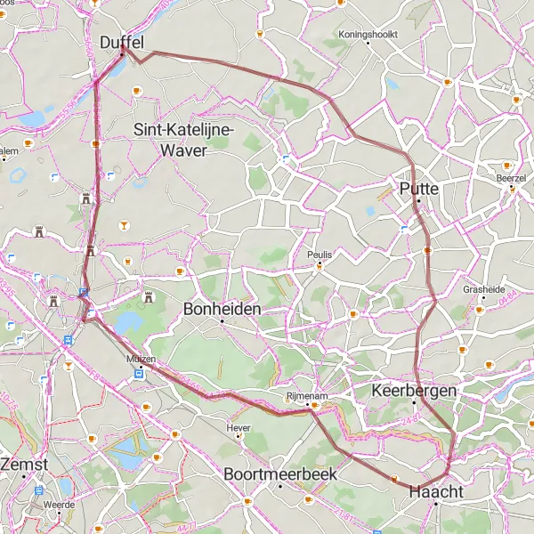 Karten-Miniaturansicht der Radinspiration "Von Duffel nach Kasteel Ter Elst" in Prov. Antwerpen, Belgium. Erstellt vom Tarmacs.app-Routenplaner für Radtouren