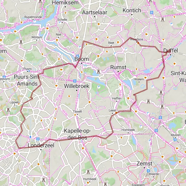 Miniatuurkaart van de fietsinspiratie "Avontuurlijke gravelroute naar Duffel" in Prov. Antwerpen, Belgium. Gemaakt door de Tarmacs.app fietsrouteplanner