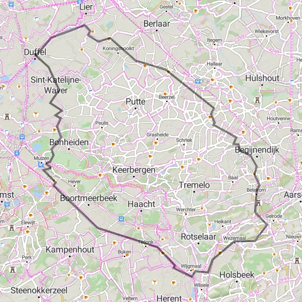 Map miniature of "Duffel and Beyond" cycling inspiration in Prov. Antwerpen, Belgium. Generated by Tarmacs.app cycling route planner