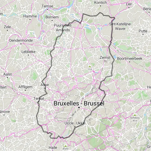 Miniature de la carte de l'inspiration cycliste "Balade à travers le Brabant flamand" dans la Prov. Antwerpen, Belgium. Générée par le planificateur d'itinéraire cycliste Tarmacs.app