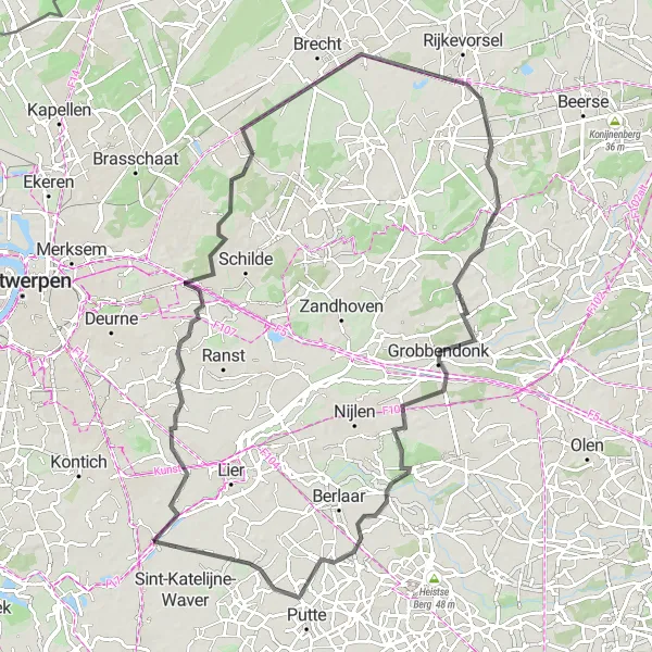 Map miniature of "Countryside Exploration" cycling inspiration in Prov. Antwerpen, Belgium. Generated by Tarmacs.app cycling route planner