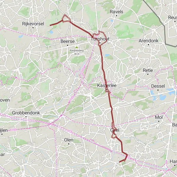 Miniature de la carte de l'inspiration cycliste "Gravel Route Eindhout - Kasterlee" dans la Prov. Antwerpen, Belgium. Générée par le planificateur d'itinéraire cycliste Tarmacs.app