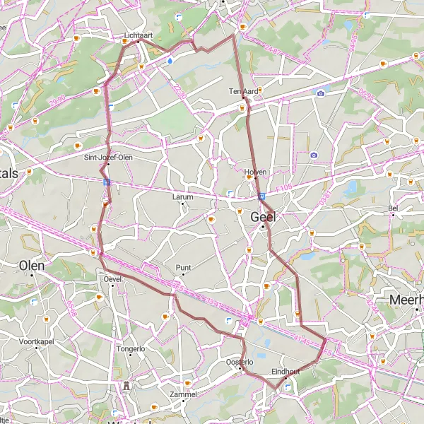 Miniature de la carte de l'inspiration cycliste "Parcours de vélo de gravier autour d'Eindhout" dans la Prov. Antwerpen, Belgium. Générée par le planificateur d'itinéraire cycliste Tarmacs.app