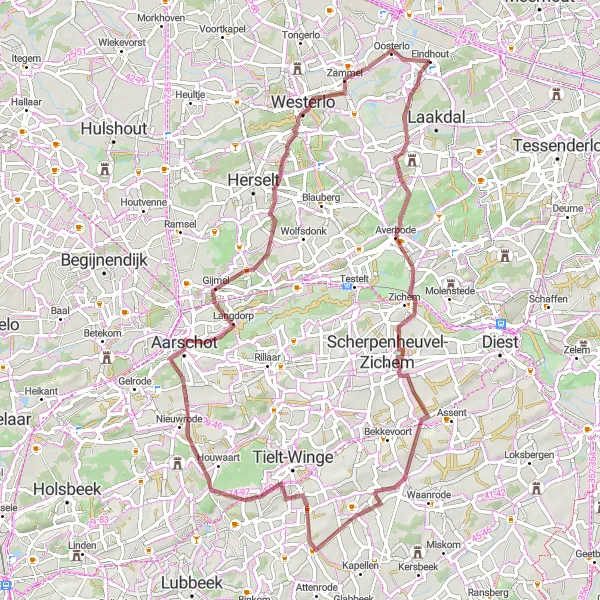 Map miniature of "Gravel Adventure to Meensel and Zammel" cycling inspiration in Prov. Antwerpen, Belgium. Generated by Tarmacs.app cycling route planner