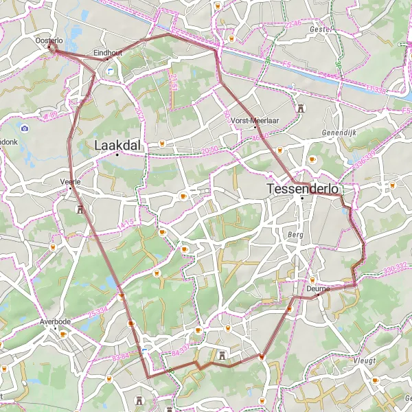 Karten-Miniaturansicht der Radinspiration "Gravelroute von Eindhout nach Veerle" in Prov. Antwerpen, Belgium. Erstellt vom Tarmacs.app-Routenplaner für Radtouren