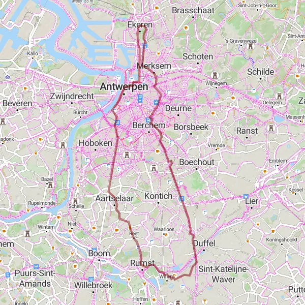 Miniature de la carte de l'inspiration cycliste "Balade nature autour d'Ekeren" dans la Prov. Antwerpen, Belgium. Générée par le planificateur d'itinéraire cycliste Tarmacs.app