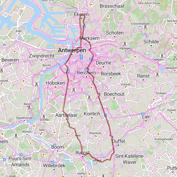 Map miniature of "Gravel Adventure" cycling inspiration in Prov. Antwerpen, Belgium. Generated by Tarmacs.app cycling route planner