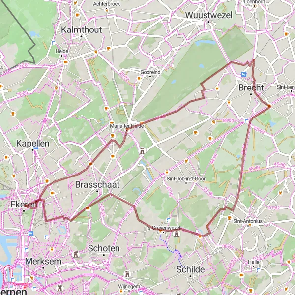 Karten-Miniaturansicht der Radinspiration "Graveltour durch Maria-ter-Heide - Brecht - 's-Gravenwezel - Brasschaat - Hof van Veltwijck" in Prov. Antwerpen, Belgium. Erstellt vom Tarmacs.app-Routenplaner für Radtouren