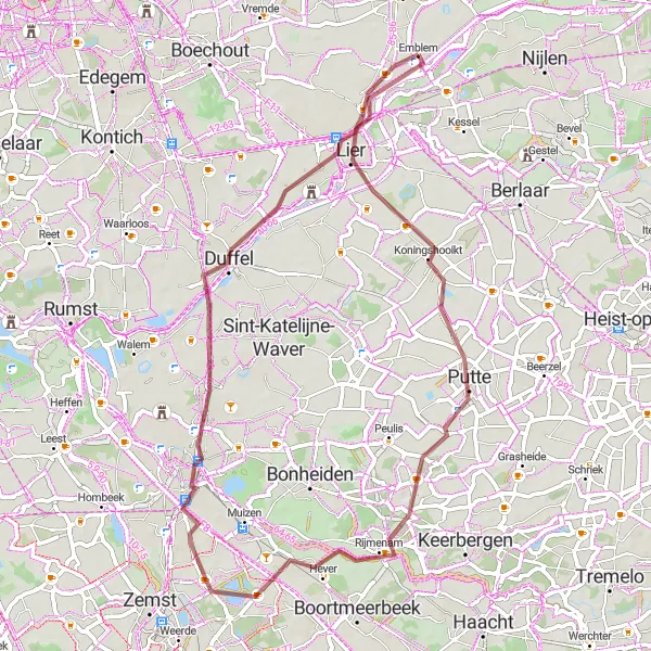 Map miniature of "Emblem - Lier - Jutse plassen - Rijmenam - Mechelen - Duffel - Emblem" cycling inspiration in Prov. Antwerpen, Belgium. Generated by Tarmacs.app cycling route planner
