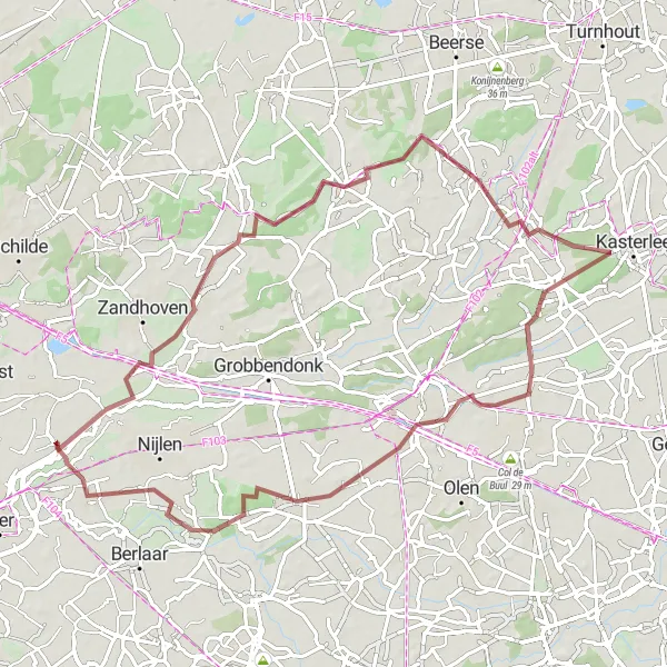 Karten-Miniaturansicht der Radinspiration "Mühlen und Wälder Gravel Tour" in Prov. Antwerpen, Belgium. Erstellt vom Tarmacs.app-Routenplaner für Radtouren