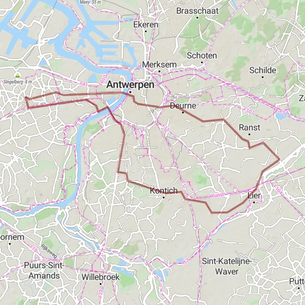 Miniature de la carte de l'inspiration cycliste "Boucle Gravel à partir d'Emblem" dans la Prov. Antwerpen, Belgium. Générée par le planificateur d'itinéraire cycliste Tarmacs.app