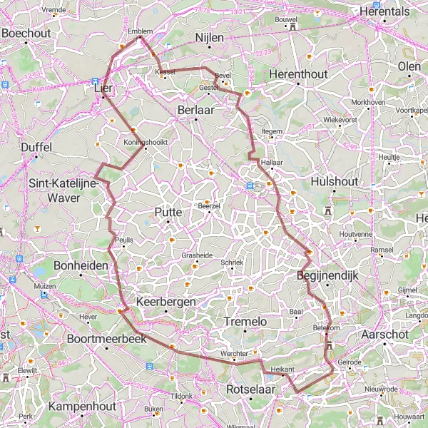 Miniature de la carte de l'inspiration cycliste "Vallées et Collines Gravel" dans la Prov. Antwerpen, Belgium. Générée par le planificateur d'itinéraire cycliste Tarmacs.app