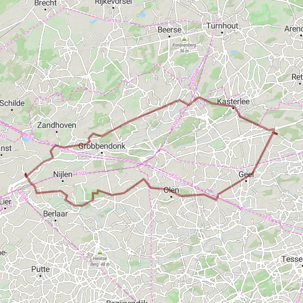 Miniatuurkaart van de fietsinspiratie "Gravelavontuur naar Kasterlee en Geel" in Prov. Antwerpen, Belgium. Gemaakt door de Tarmacs.app fietsrouteplanner