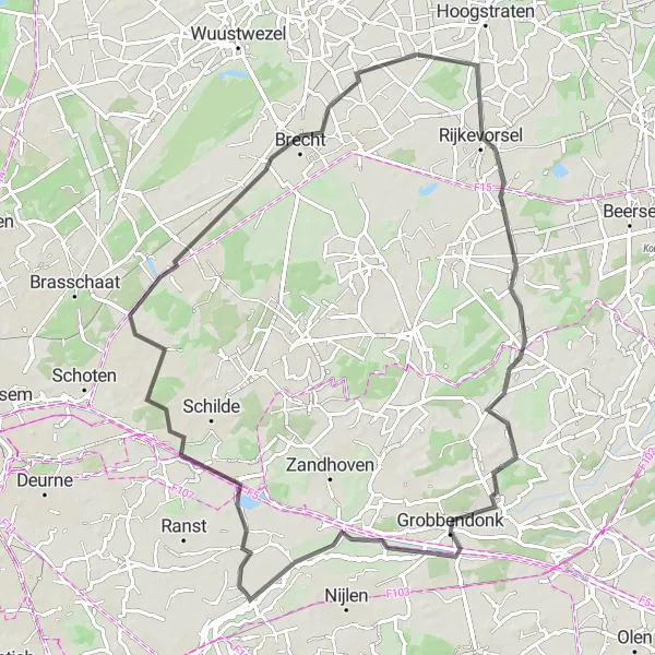 Map miniature of "Road Route near Emblem" cycling inspiration in Prov. Antwerpen, Belgium. Generated by Tarmacs.app cycling route planner