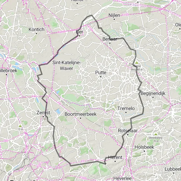 Map miniature of "Emblem - Berlaar - Heistse Berg - Rotselaar - Steenokkerzeel - Sint-Romboutstoren - Mechelen - Vogelkijkhut Eeckhoven - Lier - Emblem" cycling inspiration in Prov. Antwerpen, Belgium. Generated by Tarmacs.app cycling route planner