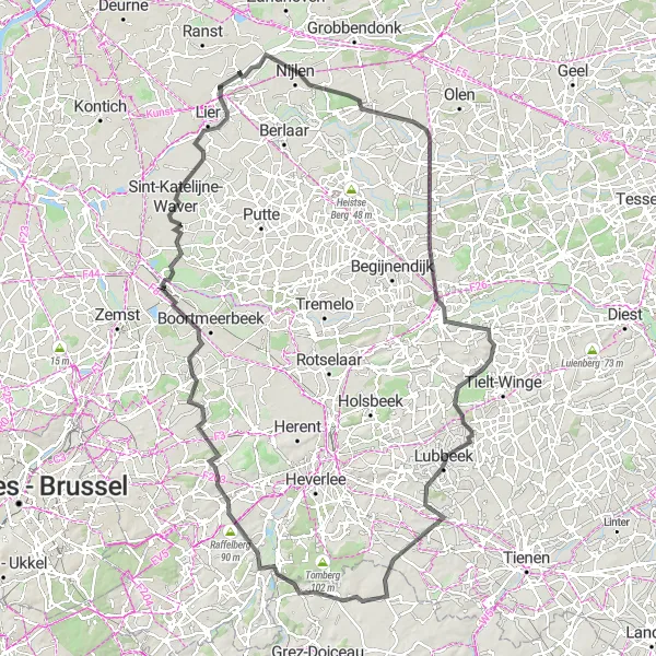 Miniature de la carte de l'inspiration cycliste "Le Défi des Montagnes Flamandes" dans la Prov. Antwerpen, Belgium. Générée par le planificateur d'itinéraire cycliste Tarmacs.app